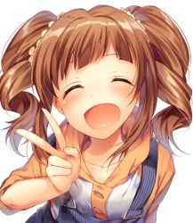 Rule 34 | 1girl, :d, ^ ^, blush, brown hair, closed eyes, closed eyes, idolmaster, idolmaster (classic), ntk (7t5), open mouth, short hair, simple background, smile, solo, takatsuki yayoi, twintails, v, white background