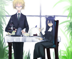Rule 34 | 1boy, 1girl, animal ears, argonauts gemini, black dress, blonde hair, blue eyes, butler, cake, cake slice, cat ears, chair, cup, dress, enchi, food, glasses, long hair, necktie, original, pastry, plate, purple hair, sandwich, sitting, standing, table, tablecloth, tea, teacup, teapot, tiered serving stand, tiered tray