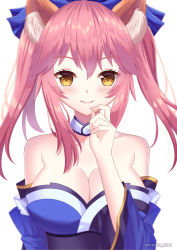Rule 34 | 10s, 1girl, animal ear fluff, animal ears, bare shoulders, blue ribbon, blush, breasts, cleavage, collarbone, detached sleeves, fate/extra, fate/grand order, fate (series), fox ears, hair ribbon, highres, japanese clothes, large breasts, looking at viewer, nekotonyan, pink hair, ribbon, simple background, smile, solo, tamamo (fate), tamamo no mae (fate/extra), white background, yellow eyes