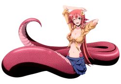 Rule 34 | 10s, 1girl, absurdres, breasts, cleavage, female focus, highres, lamia, large breasts, long hair, miia (monster musume), monster girl, monster musume no iru nichijou, official art, open mouth, red hair, skirt, smile, solo, suzuki yasushi, wink, yellow eyes