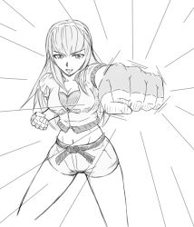 Rule 34 | 1girl, bra, breasts, cleavage, dead or alive, female focus, fighting stance, fingerless gloves, foreshortening, gloves, greyscale, hairband, hartman, hitomi (doa), long hair, midriff, monochrome, navel, punching, short shorts, shorts, solo, tecmo, underwear, white background