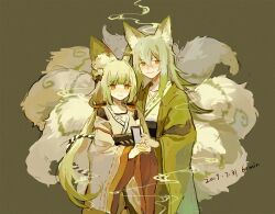 Rule 34 | 1boy, 1girl, animal ear fluff, animal ears, artist name, bacheally, bell, blunt bangs, brown eyes, closed mouth, dated, fox ears, fox girl, fox tail, genderswap, genderswap (ftm), genderswap (mtf), green hair, green kimono, green theme, hair between eyes, hair ornament, holding, holding hands, japanese clothes, kimono, kitsune, kyuubi, long hair, long sleeves, looking at viewer, low twintails, miko, multicolored hair, multiple tails, obi, original, sash, signature, simple background, smile, smoke, tail, twintails, very long hair, white hair, white kimono, wide sleeves