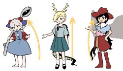 Rule 34 | 3girls, antlers, bandana, bare legs, bare shoulders, barefoot, black footwear, black hair, black wings, blonde hair, blue dress, blue shirt, blue skirt, blue vest, blush, boots, brown dress, brown headwear, commentary request, cowboy boots, cowboy hat, cowboy western, curly hair, dragon girl, dragon horns, dragon tail, dress, earrings, full body, grey hair, hand on own hip, hat, holding spork, horns, horse girl, horse tail, jewelry, kaigen 1025, kicchou yachie, kurokoma saki, mary janes, multicolored clothes, multicolored dress, multiple girls, off-shoulder dress, off shoulder, oil, pegasus wings, pink dress, pointy ears, ponytail, puffy short sleeves, puffy sleeves, red horns, red sleeves, sharp teeth, sheep horns, shirt, shoes, short hair, short sleeves, simple background, skirt, socks, split mouth, standing, tail, teeth, touhou, toutetsu yuuma, turtle shell, vest, white background, white bandana, white legwear, wings