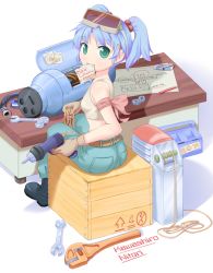 Rule 34 | 1girl, belt, blue hair, boots, denim, female focus, goggles, green eyes, hair bobbles, hair ornament, jeans, kawashiro nitori, mouth hold, next page (artist), pants, short hair, solo, touhou, twintails, two side up, wrench