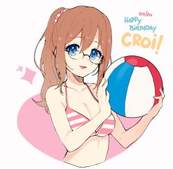Rule 34 | 1girl, ball, bare shoulders, beachball, bikini, black-framed eyewear, blue eyes, blush, breasts, brown hair, cleavage, collarbone, commentary, dated, english text, glasses, hair between eyes, hair ornament, hair ribbon, halterneck, happy birthday, holding, holding ball, long hair, looking at viewer, open mouth, original, pink bikini, ponytail, ribbon, shiu (pika), simple background, smile, solo, stomach, striped bikini, striped clothes, swimsuit, upper body, white background