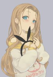 Rule 34 | 1girl, armais (me-chan337), black bow, blonde hair, blue eyes, blush, bow, bow hairband, clothes writing, eyelashes, grey background, hairband, unworn hairband, hands up, head tilt, highres, hood, hoodie, kurumi (lycoris recoil), long hair, long sleeves, looking at viewer, lycoris recoil, mouth hold, simple background, solo, upper body, white hoodie, yellow hood