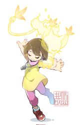 Rule 34 | 1girl, animal hands, artist logo, brown hair, cat, digimon, digimon adventure, full body, gloves, highres, outstretched arms, pants, paw gloves, pink pants, shirt, simple background, sleeveless, sleeveless shirt, solo, spread arms, tailmon, whistle, whistle around neck, white background, yagami hikari, yellow shirt, youzaiyouzai112