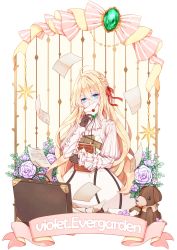 Rule 34 | 1girl, absurdres, ahoge, blonde hair, blue eyes, book, braid, brooch, brown gloves, character name, dress, envelope, flower, frills, gloves, hair between eyes, hair intakes, hair ribbon, highres, holding, holding book, holding envelope, holding letter, jewelry, letter, long hair, long sleeves, looking at viewer, nine-qi, paper, plant, red ribbon, ribbon, rose, simple background, solo, stuffed animal, stuffed dog, stuffed toy, suitcase, toy, violet evergarden, violet evergarden (series), white background, white dress, white flower, white rose