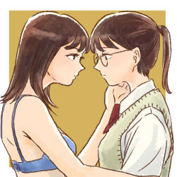 Rule 34 | 2girls, blue bra, border, bow, bra, brown eyes, brown hair, closed mouth, commentary request, eye contact, eyelashes, from side, glasses, grey sweater vest, highres, long hair, looking at another, mixed-language commentary, multiple girls, original, ponytail, red bow, shirt, short sleeves, sweater vest, underwear, white border, white shirt, yamauchi hikari, yuri