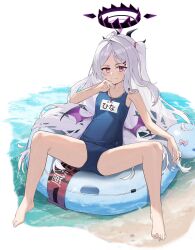Rule 34 | 1girl, absurdres, afloat, ahoge, ar-gand, armpits, barefoot, beach, blue archive, collarbone, commentary request, demon girl, demon horns, demon wings, forehead, hair ornament, hairclip, halo, highres, hina (blue archive), hina (swimsuit) (blue archive), horns, long hair, looking at viewer, name tag, ocean, old school swimsuit, one side up, outdoors, parted bangs, purple eyes, school swimsuit, sidelocks, sleeveless, smile, solo, spread legs, swimsuit, toes, wavy hair, whistle, whistle around neck, white hair, wings