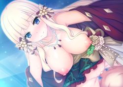 Rule 34 | 1girl, blonde hair, blue eyes, blush, bow, breasts, censored, elf, hair bow, hair ornament, jewelry, large breasts, long hair, looking at viewer, maca (macaca12), mosaic censoring, necklace, nipples, pearl necklace, penis, pointy ears, princess connect!, saren (christmas) (princess connect!), saren (princess connect!), sex, smile, split mouth, sweat