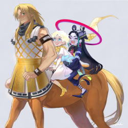 Rule 34 | 3boys, :d, ^ ^, aqua eyes, arm strap, armor, black hair, blonde hair, blue eyes, blue footwear, blue pants, blue shirt, boots, bright pupils, centaur, child, chinese clothes, chiron (fate), closed eyes, curtained hair, ear piercing, earrings, eyeshadow, fate/grand order, fate (series), feet out of frame, flats, gradient hair, green eyes, grey background, hair rings, halo, horseback riding, jewelry, long hair, long sleeves, looking at another, low-tied long hair, makeup, male focus, mayuhiko3310, multicolored hair, multiple boys, open mouth, pants, parted lips, piercing, puffy long sleeves, puffy sleeves, red eyeshadow, riding, scarf, shirt, short hair, short sleeves, simple background, smile, taisui xingjun (fate), taur, teeth, two side up, voyager (fate), white pupils, white tunic, yellow footwear, yellow scarf