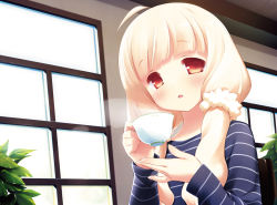Rule 34 | 1girl, :o, ahoge, blonde hair, cafe sourire, cup, face, gayarou, highres, long hair, looking at viewer, ogiwara kyouko, orange eyes, shirt, solo, steam, striped clothes, striped shirt, tareme, teacup, twintails