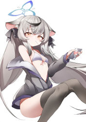 Rule 34 | 1girl, ahoge, animal ear fluff, animal ears, bikini, black thighhighs, blue archive, blush, cellphone, commentary request, grey hair, halo, heart, highres, holding, holding phone, jacket, kokona (blue archive), korean commentary, long hair, open clothes, open jacket, phone, silday, simple background, smartphone, solo, swimsuit, thighhighs, very long hair, white background