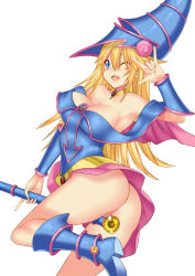 Rule 34 | 1girl, \m/, ass, bad id, blonde hair, blue eyes, blush stickers, boots, breasts, cleavage, daive, dark magician girl, duel monster, fang, hat, highres, long hair, nipples, nude, one eye closed, pentagram, scepter, simple background, solo, wand, wink, wizard hat, yu-gi-oh!, yu-gi-oh! duel monsters, yuu-gi-ou