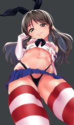 Rule 34 | 1girl, ass, black panties, blush, cosplay, crossover, elbow gloves, from below, gloves, highres, idolmaster, idolmaster cinderella girls, kantai collection, long hair, looking at viewer, looking down, navel, panties, shift (waage), shimakaze (kancolle), shimakaze (kancolle) (cosplay), simple background, sketch, smile, solo, striped clothes, striped thighhighs, tachibana arisu, thighhighs, underwear