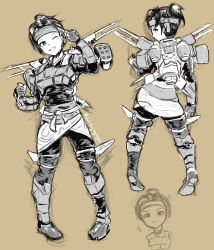 Rule 34 | 1girl, :3, absurdres, animification, apex legends, armor, brown background, cloud marauder valkyrie, gloves, headband, highres, jetpack, leaning to the side, looking back, missile pod, monochrome, multiple views, obi, one eye closed, parted bangs, ponytail, salute, sash, sketch, smile, two-finger salute, uncleduk, valkyrie (apex legends)