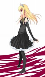 Rule 34 | 00s, blonde hair, boots, elbow gloves, frills, gloves, hair ornament, hime (kaibutsu oujo), kaibutsu oujo, long hair, red eyes, sleeveless, solo, soranagi reno, standing, thigh boots, thighhighs