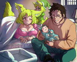 Rule 34 | 2boys, 2girls, animal ears, baby, black legwear, blue pants, breasts, brown hair, brown sweater, cleavage, cradle, doitsuken, closed eyes, family, fox child (doitsuken), fox ears, fox husband (doitsuken), fox tail, fox wife (doitsuken), glasses, green eyes, green headwear, hat, lampshade, large breasts, multiple boys, multiple girls, one eye closed, open mouth, original, pajamas, pants, parted lips, red eyes, socks, sweater, tail, under covers, wavy mouth