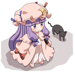 Rule 34 | 1girl, black cat, blue ribbon, blunt bangs, blush, book, bow, capelet, cat, chibi, closed mouth, commentary request, crescent, crescent hat ornament, dress, dress bow, hair ribbon, hat, hat ornament, hat ribbon, holding, holding book, long hair, mob cap, patchouli knowledge, purple eyes, purple hair, red bow, red ribbon, ribbon, robe, rokugou daisuke, signature, simple background, smile, striped clothes, striped dress, tail, touhou, very long hair, watermark, white background