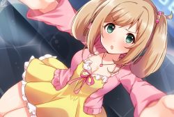 Rule 34 | 1girl, blush, breasts, cleavage, couch, dress, dutch angle, frilled dress, frills, green eyes, heart, heart necklace, idolmaster, idolmaster cinderella girls, jacket, jewelry, light brown hair, long hair, medium breasts, necklace, omuretsu, on couch, open clothes, open jacket, outstretched arms, parted lips, pink jacket, pleated dress, sato shin, signature, sitting, solo, strapless, strapless dress, twintails, v-shaped eyebrows, yellow dress