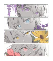 Rule 34 | 1girl, 3boys, blue eyes, close-up, copyright request, eye focus, eyelashes, floating hair, flower, hair between eyes, hair over one eye, head tilt, highres, long hair, looking at viewer, looking away, mole, mole under eye, monochrome, multicolored hair, multiple boys, nino (2 118), purple eyes, purple flower, red eyes, red flower, short hair, sideways glance, simple background, spot color, straight-on, tears, tulip, two-tone hair, wisteria, yellow eyes, yellow flower