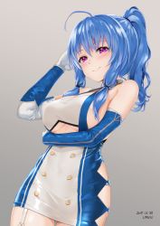 Rule 34 | 1girl, ahoge, arm up, azur lane, bare shoulders, blue hair, blush, breasts, buttons, closed mouth, clothing cutout, collarbone, cowboy shot, dated, double-breasted, dress, elbow gloves, garrison cap, gloves, grey background, hair tie, hand in own hair, hat, large breasts, long hair, long sleeves, looking at viewer, mokyutan, pink eyes, ponytail, sidelocks, signature, simple background, sleeveless, sleeveless dress, smile, solo, st. louis (azur lane), standing, underboob, underboob cutout, white dress, white gloves