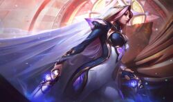 Rule 34 | 1girl, black bodysuit, bodysuit, breasts, cleavage, cowboy shot, freckles, from side, gem, glowing, gun, handgun, highres, holding, holding gun, holding weapon, large breasts, league of legends, long hair, long sleeves, miss fortune (league of legends), nail polish, official art, parted lips, pink hair, prestige broken covenant miss fortune, red lips, solo, teeth, veil, weapon, white bodysuit, white hair, white nails