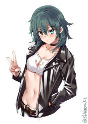 Rule 34 | 1girl, alternate costume, anchor symbol, belt, black jacket, blush, breasts, choker, cowboy shot, crop top, ebifurya, green eyes, green hair, hand in pocket, heterochromia, highres, jacket, kantai collection, kiso (kancolle), leather, leather jacket, looking at viewer, one-hour drawing challenge, pants, short hair, simple background, small breasts, solo, twitter username, v, white background, yellow eyes