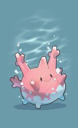Rule 34 | :&gt;, air bubble, black eyes, bubble, closed mouth, commentary request, corsola, creatures (company), full body, game freak, gen 2 pokemon, green background, happy, highres, nintendo, no humans, pokemon, pokemon (creature), simple background, smile, solo, underwater, yunosuke