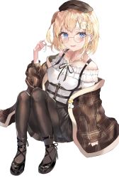 Rule 34 | 1girl, absurdres, black footwear, black pantyhose, black ribbon, black skirt, blonde hair, blue eyes, blush, braid, brown jacket, collarbone, earrings, hair ornament, harune rane, heart, heart earrings, highres, hololive, hololive english, jacket, jewelry, looking at viewer, looking back, neck ribbon, off shoulder, official alternate costume, open mouth, pantyhose, pleated skirt, ribbon, round eyewear, shirt, shoes, side braid, side ponytail, simple background, sitting, skirt, solo, virtual youtuber, watson amelia, watson amelia (street casual), white shirt