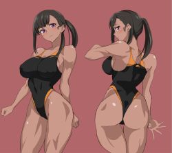 Rule 34 | 1girl, ass, back, baron (nsbaron), black hair, blush, breasts, clenched hands, competition swimsuit, covered erect nipples, covered navel, dark-skinned female, dark skin, en&#039;en no shouboutai, looking at viewer, maki oze, narrow waist, one-piece swimsuit, pink background, ponytail, purple eyes, simple background, swimsuit, tan