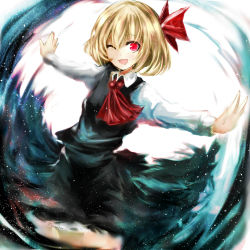 Rule 34 | 1girl, :d, ;d, bad id, bad pixiv id, blonde hair, darkness, hair ribbon, highres, one eye closed, open mouth, outstretched arms, red eyes, ribbon, rumia, shirt, short hair, skirt, smile, solo, spread arms, swav, tosk (swav-coco), touhou, vest