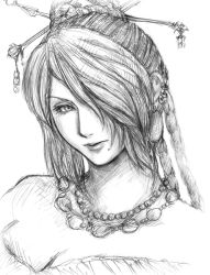 Rule 34 | 00s, 1girl, bare shoulders, braid, breasts, cleavage, dress, ear piercing, earrings, female focus, final fantasy, final fantasy x, green eyes, greyscale, hair bun, hair ornament, hair over one eye, hair stick, jewelry, lips, lipstick, long hair, looking at viewer, lulu (ff10), makeup, mole, mole under mouth, monochrome, morokosi, parted bangs, piercing, simple background, single hair bun, sketch, solo, strapless, upper body, white background
