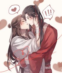 Rule 34 | !, !!, 2boys, alternate hairstyle, artist name, bandaged arm, bandages, bishounen, black hair, blush, brown eyes, brown hair, chinese clothes, closed eyes, commentary, earrings, hair bun, hair ribbon, hand on another&#039;s face, hanfu, heart, heart background, highres, hua cheng, imminent kiss, jewelry, long hair, looking at viewer, male focus, multiple boys, open mouth, parted bangs, parted lips, ponzu (tms t3), red ribbon, red robe, ribbon, robe, sidelocks, simple background, single hair bun, speech bubble, spoken exclamation mark, spoken heart, sweatdrop, symbol-only commentary, tassel, tianguan cifu, twintails, twitter username, very long hair, white background, white ribbon, white robe, xie lian, yaoi