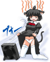 Rule 34 | 1girl, animal ears, black hair, bow, bow panties, cat ears, cat tail, clothes lift, dress, dress lift, electric fan, closed eyes, fanning crotch, fanning self, kneeling, navel, os-tan, osx, panther, panties, skirt, skirt lift, solo, tail, thighhighs, underwear, white panties, white thighhighs