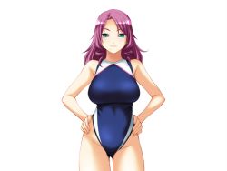Rule 34 | 1girl, asakura sakura, bare shoulders, blush, breasts, cowboy shot, eyebrows, game cg, green eyes, hands on own hips, large breasts, legs, long hair, looking at viewer, mama no undoukai, mole, purple hair, simple background, smile, solo, standing, swimsuit, thighs