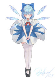 Rule 34 | 1girl, absurdres, black footwear, blue bow, blue dress, blue hair, blush, bow, cirno, closed eyes, closed mouth, collared shirt, commentary, dress, expressionless, facing viewer, frown, full body, hair bow, highres, ice, ice wings, littiecy, mary janes, neck ribbon, own hands together, pinafore dress, puffy short sleeves, puffy sleeves, red ribbon, ribbon, shirt, shoes, short hair, short sleeves, signature, simple background, sleeveless dress, solo, standing, symbol-only commentary, thighhighs, touhou, v arms, white background, white shirt, white thighhighs, wings