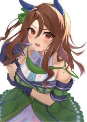 Rule 34 | 1girl, :d, bare shoulders, blue gloves, blush, brown hair, buttons, commentary request, cowboy shot, dress, finger to mouth, frills, from above, gloves, green ribbon, hair between eyes, hair ribbon, halterneck, highres, horse girl, king halo (umamusume), long hair, looking at viewer, o-ring, open mouth, parted bangs, red eyes, ribbon, simple background, smile, solo, standing, strapless, strapless dress, sweatdrop, tepechi, umamusume, white background
