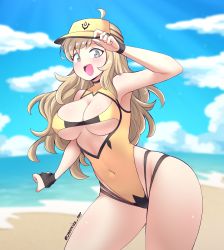 Rule 34 | 1girl, absurdres, ahoge, alternate costume, beach, blonde hair, breasts, bridal gauntlets, cleavage, covered navel, cowboy shot, fire emblem, fire emblem fates, grey eyes, hat, highleg, highleg swimsuit, highres, holding, holding clothes, holding hat, jarckius, large breasts, leaning forward, long hair, looking at viewer, nintendo, one-piece swimsuit, open mouth, ophelia (fire emblem), smile, swimsuit, twitter username, underboob, visor, wide hips