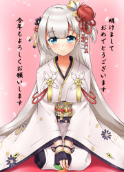Rule 34 | 1girl, absurdres, azur lane, black gloves, blue eyes, collarbone, commentary request, derivative work, fingerless gloves, food, fruit, gloves, hair ornament, highres, japanese clothes, kimono, long hair, looking at viewer, mandarin orange, new year, obi, oooqqq, petals, sash, seiza, shoukaku (azur lane), silver hair, sitting, smile, solo, translation request, wide sleeves