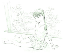 Rule 34 | 1girl, barefoot, green theme, monochrome, original, sketch, skirt, solo, traditional media, yoshitomi akihito