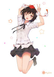 Rule 34 | :d, arms up, artist name, bad id, bad pixiv id, black hair, black ribbon, black socks, blush, buttons, collarbone, double v, dress shirt, full body, hat, head tilt, highres, hyakunin momoko, jumping, legs together, looking at viewer, open mouth, pom pom (clothes), red eyes, red hat, ribbon, shameimaru aya, shirt, short hair, simple background, sleeves rolled up, smile, socks, solo, tassel, tokin hat, touhou, v, white background, white shirt