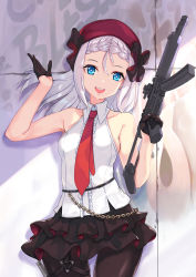 Rule 34 | 1girl, absurdres, belt, beret, blonde hair, blouse, blue eyes, bow, braid, breasts, chain, frilled skirt, frills, girls&#039; frontline, gloves, gun, h&amp;k mp5, hat, heckler &amp; koch, highres, holding, holding gun, holding weapon, jamgom, looking at viewer, magazine (weapon), medium hair, mod3 (girls&#039; frontline), mp5 (girls&#039; frontline), mp5 (mod3) (girls&#039; frontline), necktie, open mouth, pantyhose, shirt, skirt, sleeveless, sleeveless shirt, small breasts, smile, standing, submachine gun, thigh strap, trigger discipline, weapon