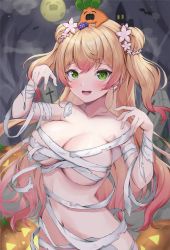 Rule 34 | 1girl, bandaged arm, bandages, bat (animal), blonde hair, blush, breasts, candy, castle, cleavage, cloud, cloudy sky, collarbone, fang, flower, food, full moon, green eyes, hair flower, hair ornament, hands up, highres, hololive, jack-o&#039;-lantern, large breasts, long hair, looking at viewer, momosuzu nene, moon, mummy costume, navel, nekko (momosuzu nene), night, night sky, nude, open mouth, outdoors, pink flower, pumpkin, sky, smile, solo, takuty, tombstone, two side up, upper body, virtual youtuber