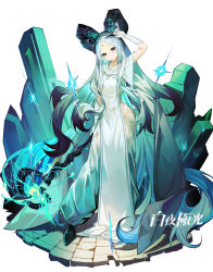 Rule 34 | 1girl, absurdres, alchemy stars, arm up, bijian de linghun, cape, closed mouth, contrapposto, copyright name, facial mark, forehead mark, full body, gloves, gradient hair, green eyes, green hair, highres, holding, holding staff, horns, light blush, long hair, looking at viewer, magical girl, multicolored hair, ophina (alchemy stars), rock, smile, solo, staff, standing, white gloves