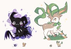 Rule 34 | bird, black eyes, brown eyes, charamells, creature, creatures (company), fangs, full body, fusion, game freak, gastly, gen 1 pokemon, gen 4 pokemon, gen 7 pokemon, ghost, grass, leafeon, looking at viewer, mimikyu, multiple fusions, nintendo, no humans, pokemon, pokemon (creature), rowlet, simple background, sparkle, standing, white background, white eyes
