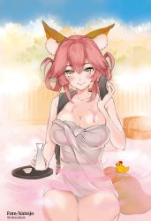 Rule 34 | 10s, 1girl, akasakak, alcohol, animal ears, artist name, bad id, bad pixiv id, blush, breasts, choko (cup), cleavage, copyright name, cup, fate/extra, fate/grand order, fate (series), fox ears, fox tail, hair up, large breasts, looking at viewer, naked towel, onsen, partially submerged, pink hair, rubber duck, sake, smile, solo, steam, tail, tamamo (fate), tamamo no mae (fate/extra), tokkuri, towel, tray, twitter username, water, yellow eyes