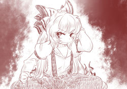 Rule 34 | 1girl, annoyed, bad id, bad pixiv id, bow, female focus, fujiwara no mokou, hair bow, indian style, komaku juushoku, long hair, monochrome, simple background, sitting, solo, suspenders, touhou