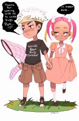Rule 34 | 1boy, 1girl, aged down, artist name, black eyes, black hair, black shirt, blonde hair, blush, bow, butterfly net, clothes writing, collared dress, creatures (company), dark skin, dated, donyque, dress, embarrassed, english text, eyelashes, frown, full body, game freak, grass, guzma (pokemon), hair ornament, half-closed eyes, hand net, hat, hetero, highres, holding hands, kneehighs, legs apart, multicolored hair, net, nintendo, outdoors, pink dress, pink hair, plumeria (pokemon), pokemon, pokemon sm, quad tails, shirt, shoes, shorts, simple background, socks, spoken blush, standing, standing on one leg, sweat, team skull, text focus, two-tone hair, v-shaped eyebrows, white background, white bow, white hair, white socks, yellow eyes